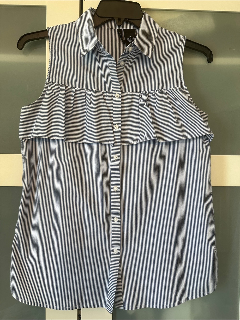 new directions Blue & White Striped Sleeveless Ruffle Button-Up Blouse